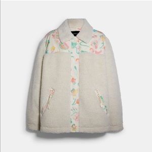 NWT Coach Blocked Floral Sherpa Jacket in White, Size M